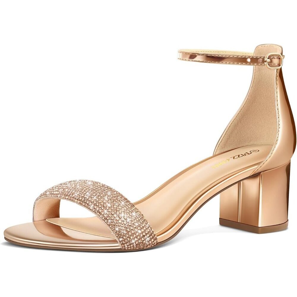 Women's Gold Low Block Chunky Ankle Pump Strap Buckle Sandals Heels Shoes